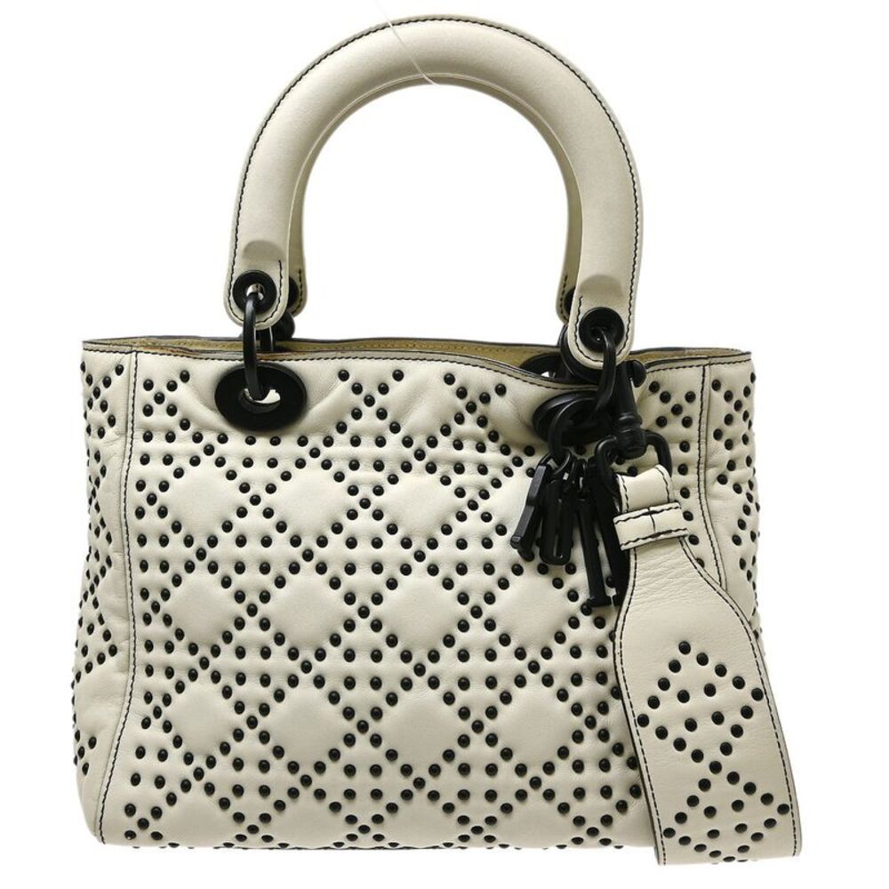 Christian Dior Supple Lady Dior Cannage Studded Lambskin White Leather Handbag